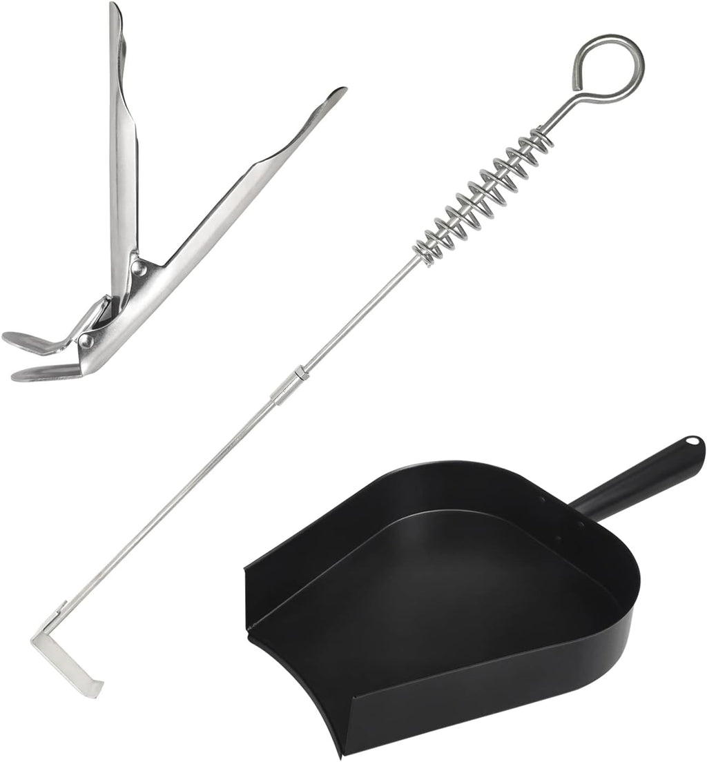 BBQ Ash Removal Tool Set for Big Green Egg Accessories, Kamado Grill Cleaning Tools Include Ash Rake and Ash Pan and Grill Grate Lifter(at+AP+GG)