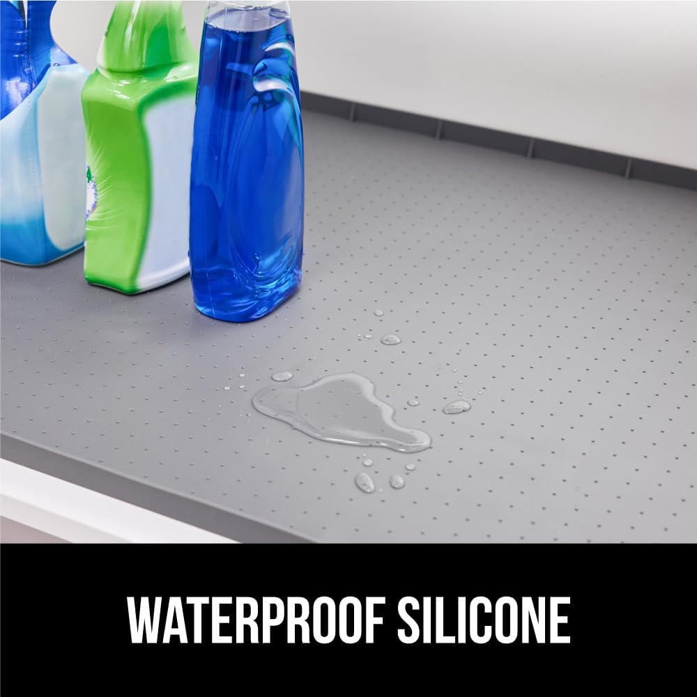 GORILLA GRIP Waterproof Silicone Under Sink Mat with Raised Lip for Kitchen and Bathroom, Cabinet Shelf Liner Stay in Place Mats Dishwasher Safe Drawer Liner, Organizer Tray, 19 x 34 in, Gray
