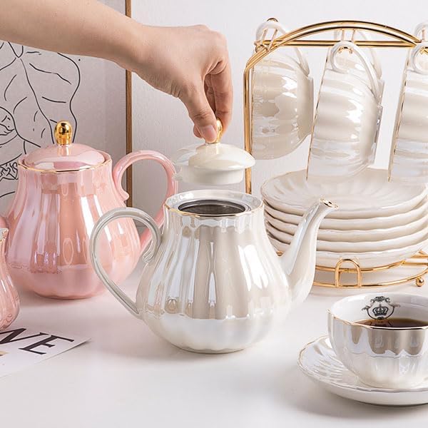 Porcelain Tea Sets British Royal Series, 8 OZ Cups& Saucer Service for 6, with Teapot Sugar Bowl Cream Pitcher Teaspoons and tea strainer for Tea/Coffee (Coral White)