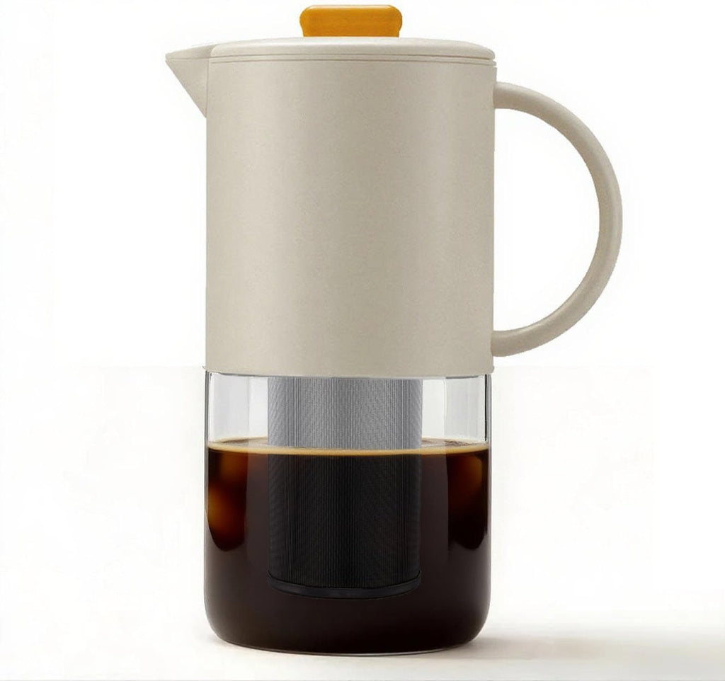 Delove Cold Brew Coffee Maker with Auto Spout – Shatterproof Plastic Shell, Wide Mouth Design – 62 oz (1.9 Quart) Iced Tea Glass Carafe with Removable Removable Mesh Filter (1, Beige)