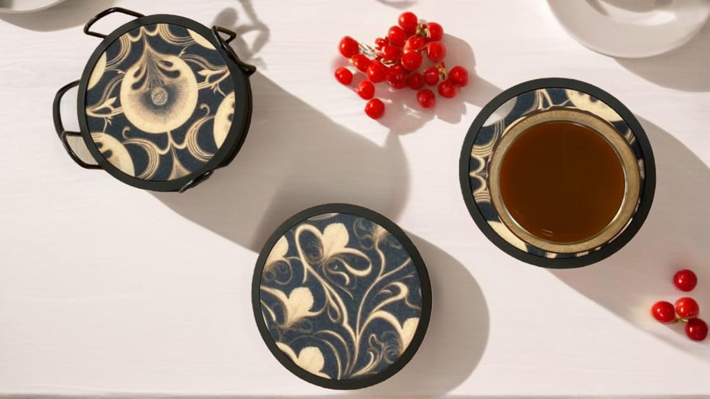 Absorbent Coasters for Drinks with Holder - 6packs, Silicone Coaster with Soft Felt Insert (4.3 inch Coasters with 4.5 inch Holder, Dual-Sided Flower -Themed Patterns)