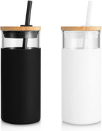 Tronco 20oz Glass Tumbler Glass Water Bottle Straw Silicone Protective Sleeve Bamboo Lid - BPA Free (White Black)
