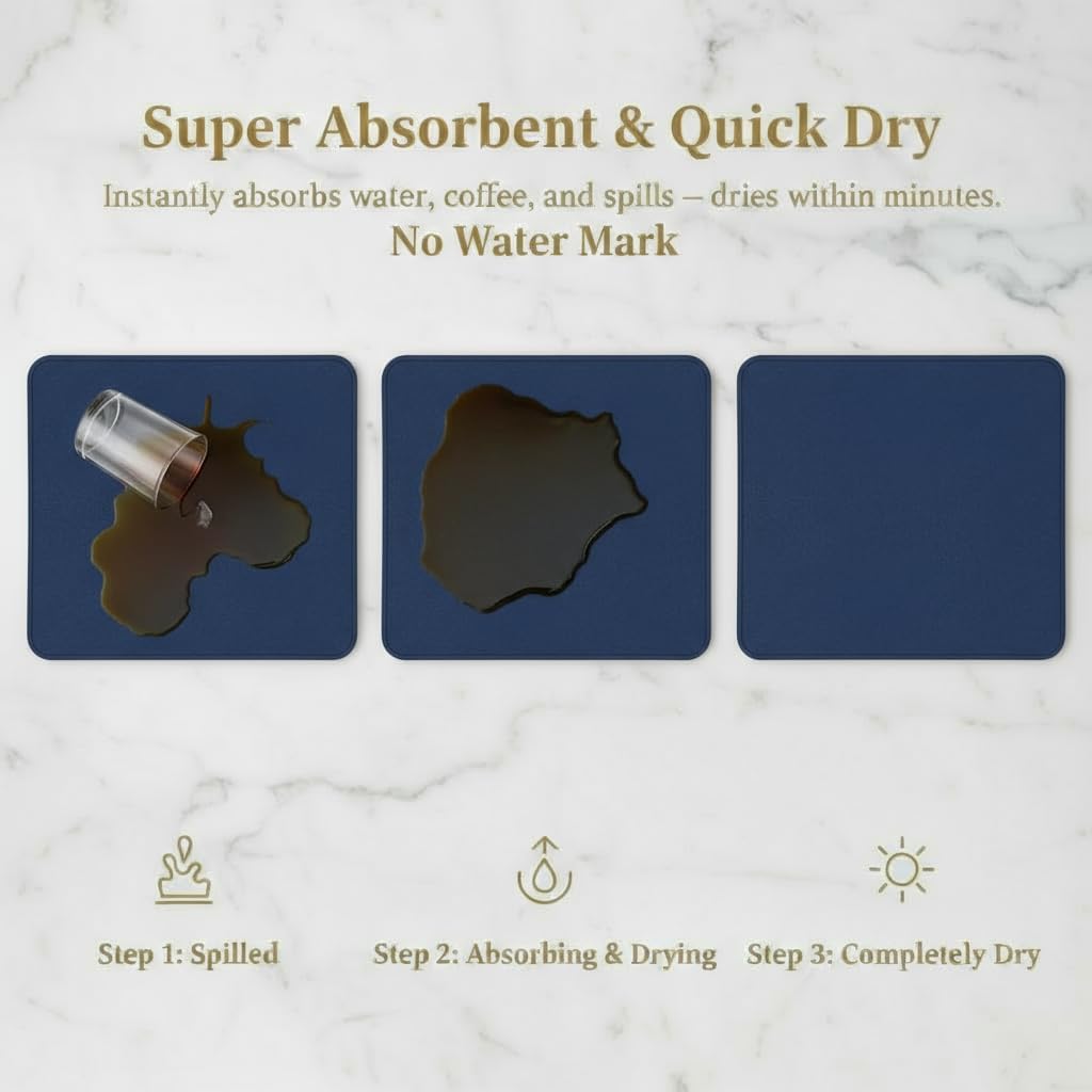 Dish Drying Mat Super Absorbent – 12" x 18" Coffee Mat for Countertops – Non-Slip Drying Mat for Kitchen Counter – Easy to Clean Water Absorbent Mat – Quick Dry Dish Drying Mats (Navy Blue)