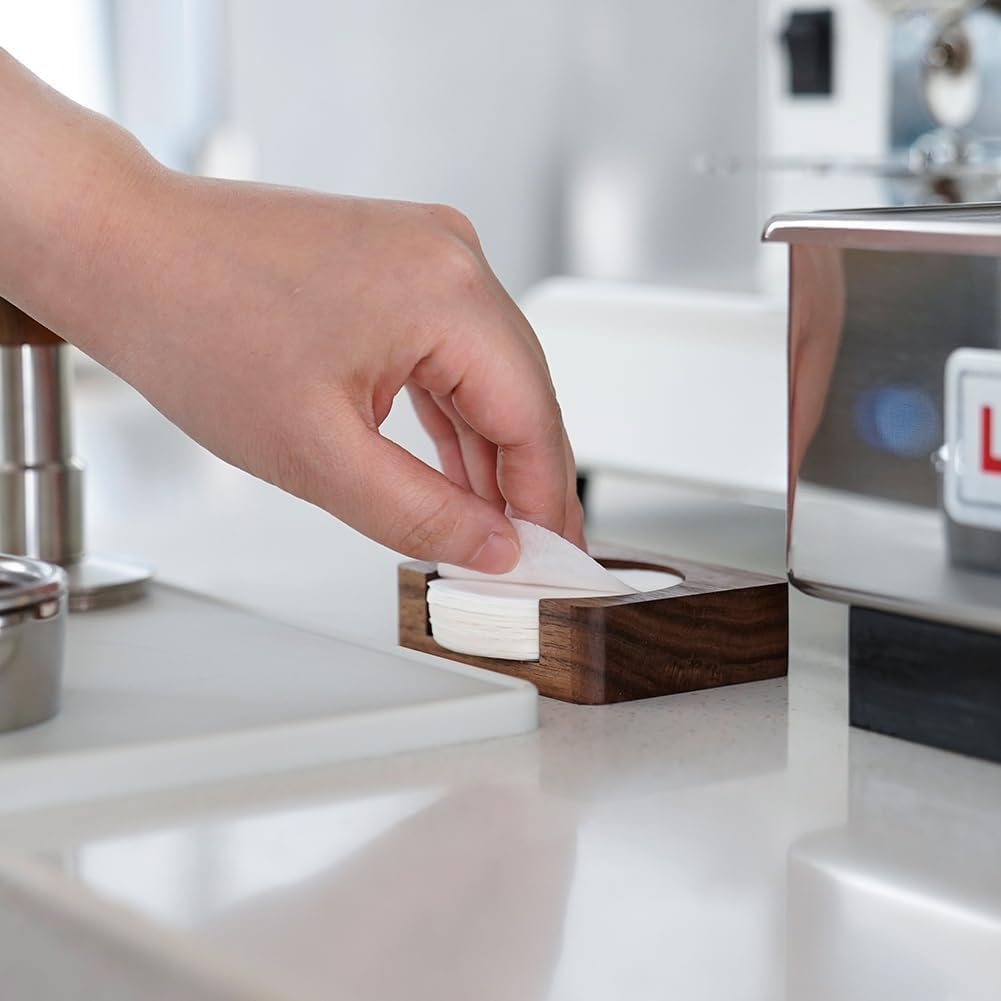 watchget Espresso Paper Filter Holder Coffee Filter Storage Container Coffee Filter Dispenser Compatible with 51mm/53mm/54mm/58mm Round Disposable Puck Screen Paper Filters, Wood