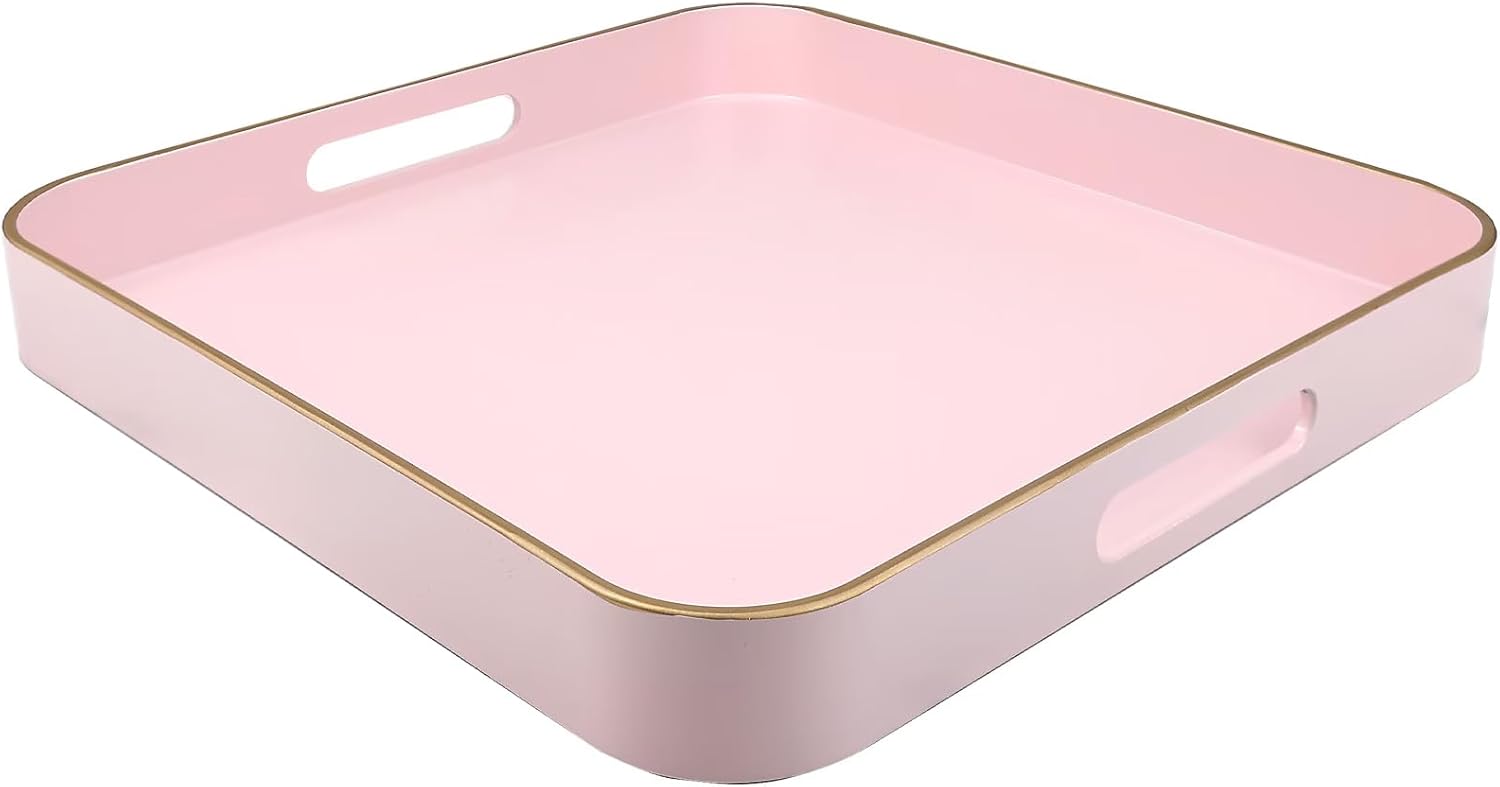Pink Square Decorative Tray with Handles, 13"*13" Versatile Serving Tray for Coffee Table, Ottoman, Ideal for Serving, Displaying, Organizing