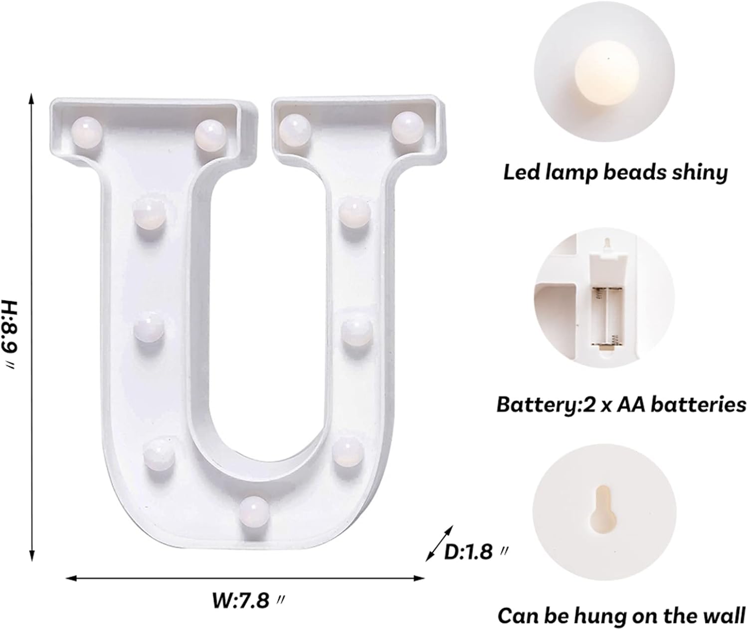 Foaky LED Letter Lights Sign Marquee Light Up Letters Sign for Night Light Wedding/Birthday Party Battery Powered Christmas Lamp Home Bar Decoration(U)