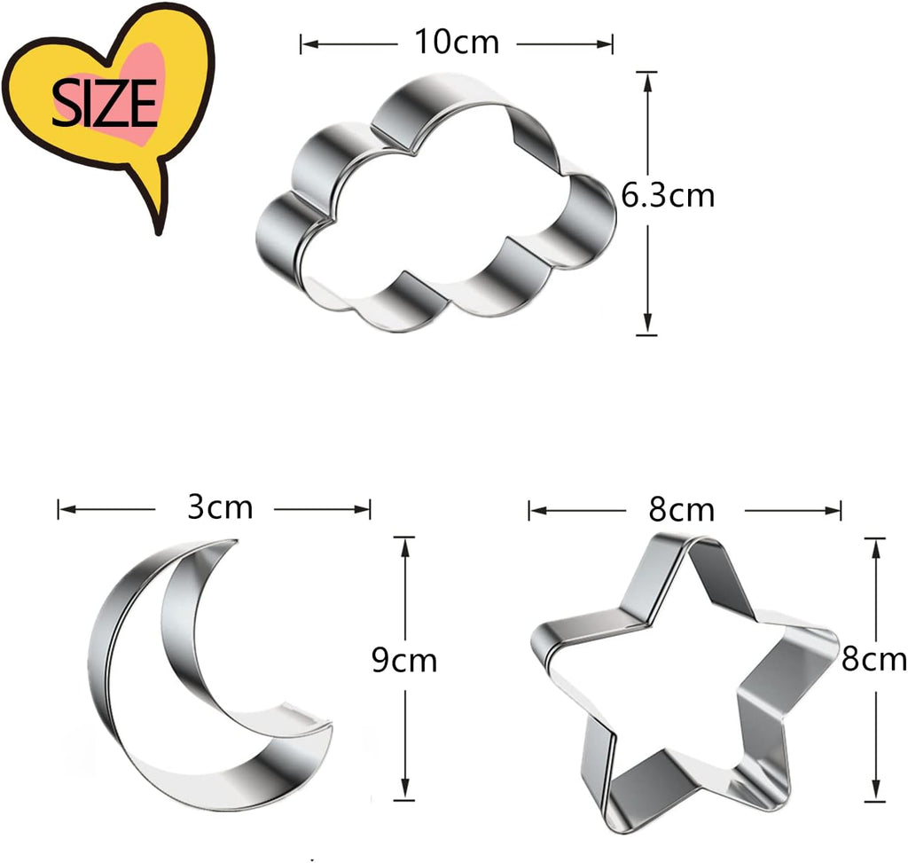 3 Pieces Star, Moon and Cloud Cookie Cutters Stainless Steel Biscuit Cutters Molds Shapes for Baby Shower or Gender Reveal Party