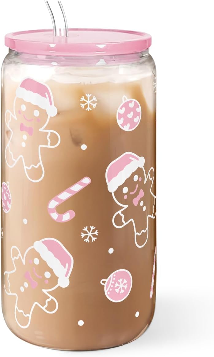 Christmas Gingerbread 16oz Can Glass Tumbler with Acrylic Lid & Straw, Iced Coffee Cup for Women Girls, Aesthetic Cups Gifts for Xmas