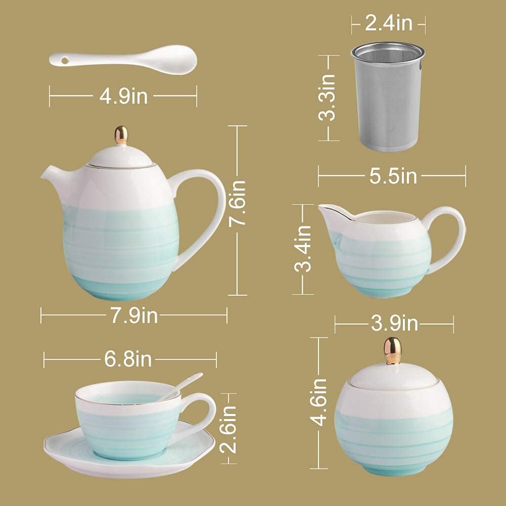 Sweejar Porcelain Tea Sets, 8 OZ Cups & Saucer Service for 4, Teapot Sugar Bowl Cream Pitcher Teaspoons and Tea Strainer for Adult Tea Coffee Afternoon Party (Purple)
