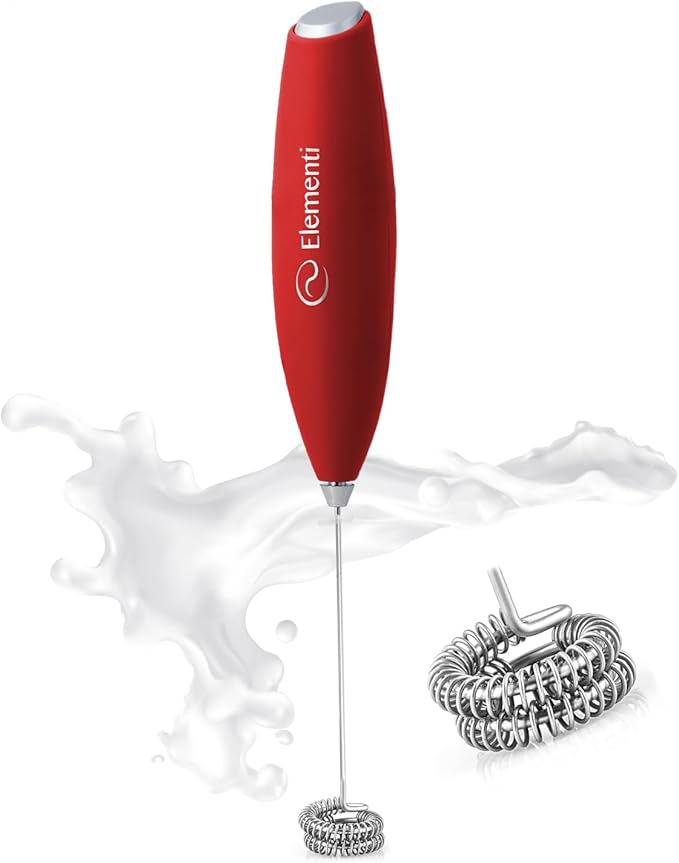 Elementi Milk Frother Handheld Double Whisk - Coffee Frother Electric Stirrer - Matcha Whisk & Drink Mixer Handheld - Hand Held Mixer Wand (Red)