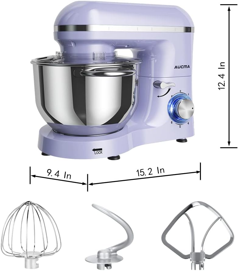 Aucma Stand Mixer,6.5-QT 660W 6-Speed Tilt-Head Food Mixer, Kitchen Electric Mixer with Dough Hook, Wire Whip & Beater (6.5QT, Lavender)
