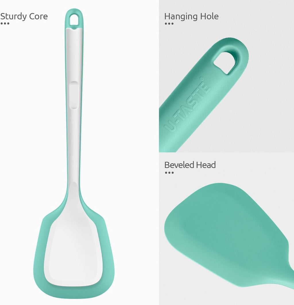 13.6" Solid Silicone Turner: U-Taste 600ºF Heat Resistant Kitchen Spatula Flipper, Food Grade Flexible Wide Seamless Rubber Cooking Utensil for Egg, Pancake, Burger in Nonstick Cookware (Aqua Sky)