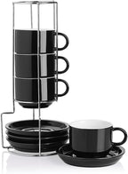Sweejar Porcelain Cappuccino Cups with Saucers and Metal Stand, 8 Ounce Stackable Espresso Cups for Specialty Coffee Drinks, Latte, Americano, Tea - Set of 4 (Black)
