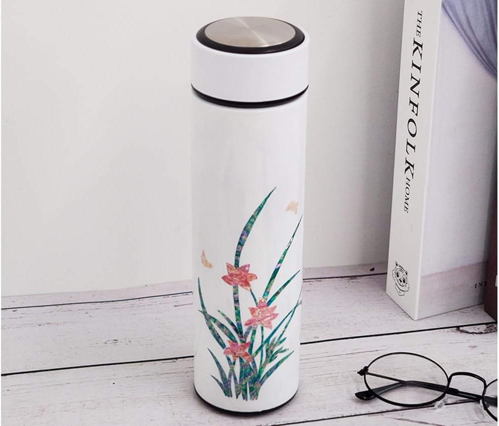 Mother of Pearl Design Stainless Steel Water Bottle with Tea Infuser Strainer 17 oz Leakproof Screw Cap Wide Mouth Double Wall Vacuum Insulated Travel Sport Water Flask Thermo Mug (Orchid White)