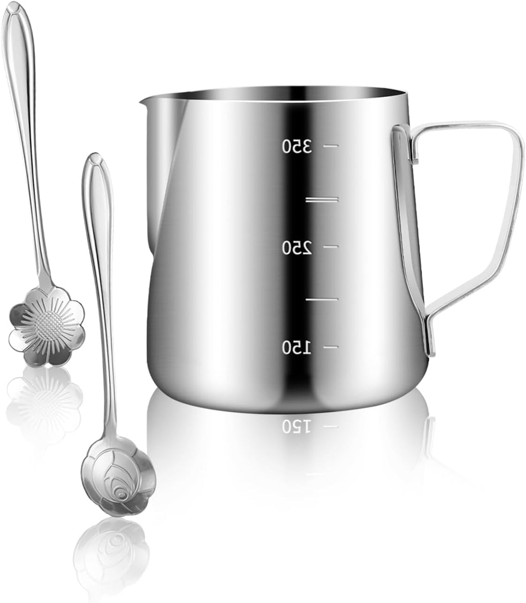 Milk Frothing Pitcher, 12oz/350ML Milk Frother Cup with Clear Scale 1PCS, Stainless Steel Cappuccino Espresso Machine Accessories for Barista Coffee Bar Attached Dessert Spoons 2PCS