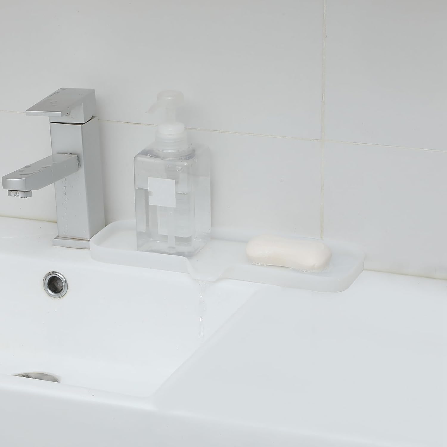 Silicone Bathroom Soap Dishes with Drain Spout-Bathroom and Kitchen Sink Organizer,Sponge Holder,Dish Soap Tray,Perfect for Dispenser,Scrubber,Bottle,Cup on Sink or Counter-Translucent 12"×4"