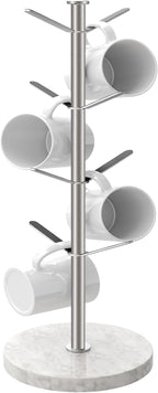 Marble Mug Holder Tree, 8 Hooks Brushed Nickel Coffee Cups Stand, New Upgraded Stable Mug Stand for Kitchen Counter Cabinet Cafe