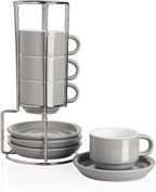 Sweejar Porcelain Espresso Cups with Saucers, 4 Ounce Stackable Cappuccino Cups with Metal Stand for Coffee Drinks, Latte, Tea - Set of 4 (Gray)