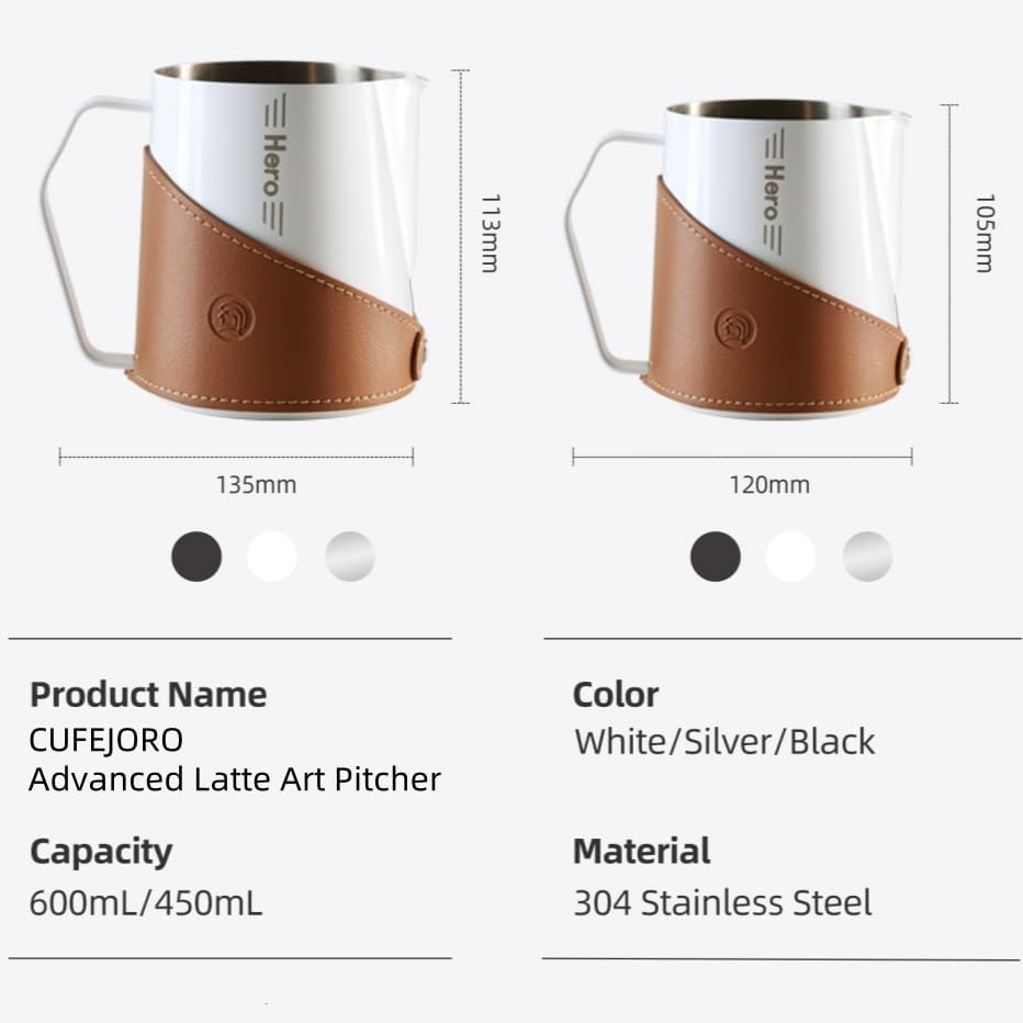 Milk Frothing Pitcher 450ml/16oz 304 Stainless Steel Espresso Steaming Pitcher with PU Leather, Milk Frothing Jug,milk frother cup,Milk Jug Cup,Premium Barista Tools,Latte Art (Bright 20oz)