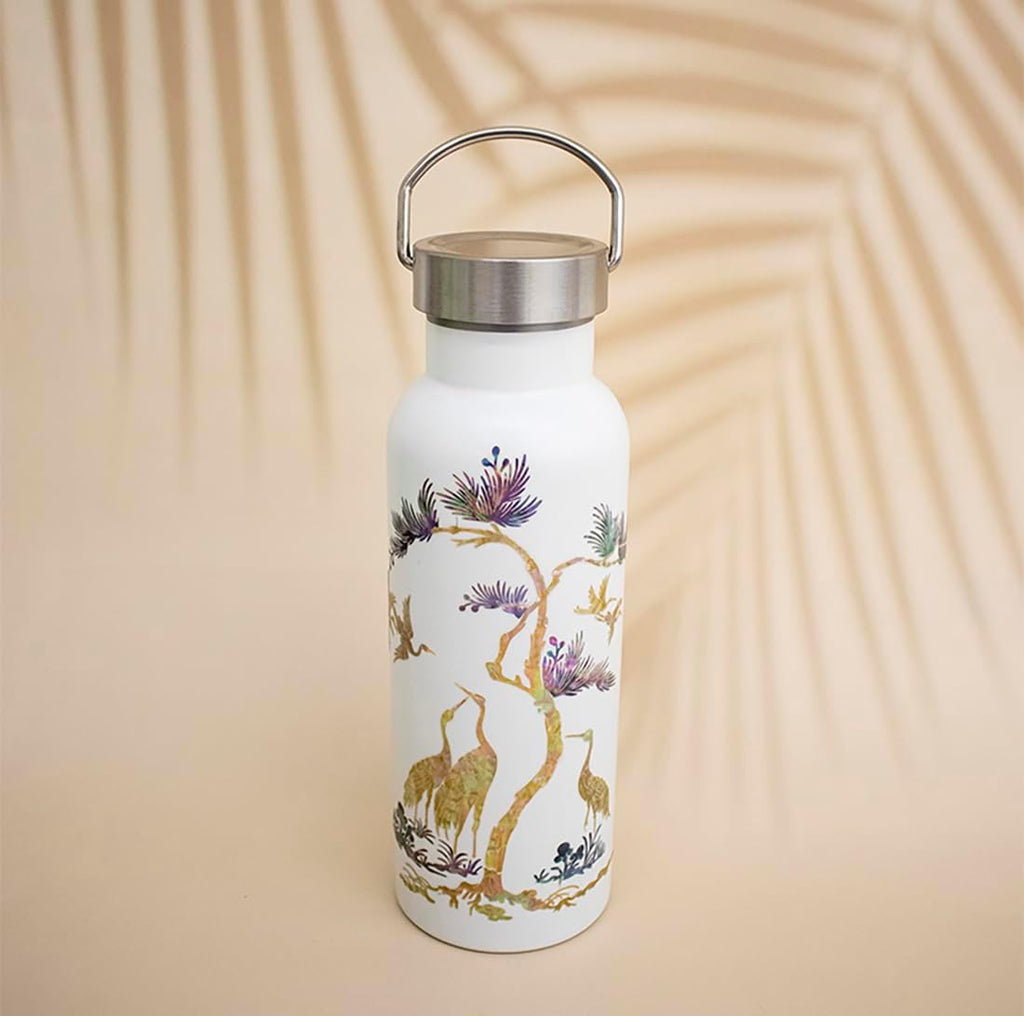 Mother of Pearl Design Stainless Steel Water Bottle 17 oz Leakproof Screw Cap Metal Handle Lid Wide Mouth Double Wall Vacuum Insulated Travel Sport Water Flask Thermo Mug (Crane Pine White)