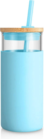 Tronco 20 oz Glass Tumbler with Lid and Straw, Reusable Iced Coffee Cup with Silicone Sleeve & Bamboo Lid, Smoothie Cup for Home,Office, for Father Men Day Gift from Wife Daughter Son (Cape Cod Blue)