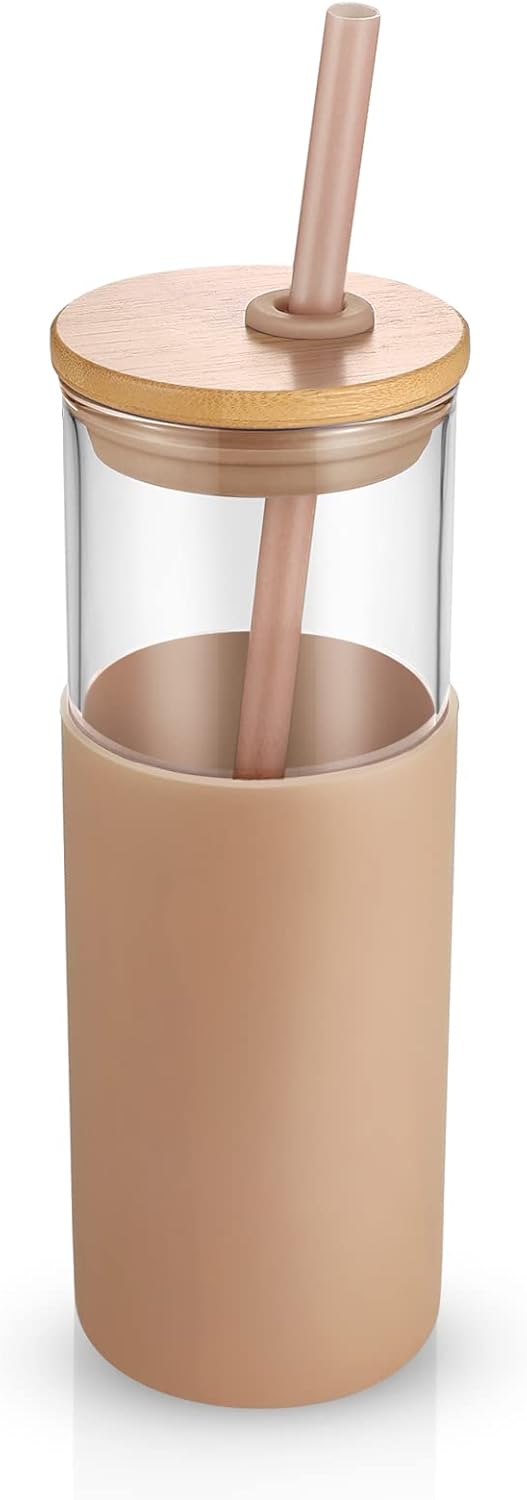 Tronco 24 oz Glass Tumbler with Straw and Lid - Glass Cup with Lid and Straw, Smoothie Cup, Iced Coffee Cup - Bamboo Lid and Protective Silicone Sleeve - BPA-Free