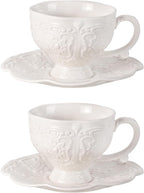 KAMMAK Tea Cups and Saucers Set of 2, Porcelain Coffee Cups, 7.8-Ounce Stackable Espresso Mugs, Ceramic Demitasse for Coffee, Latte, Americano, Tea, Britney