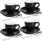 homEdge Porcelain Espresso Shot Cup Set with Saucers and Stainless Steel Spoons - 80 ml / 2.67 oz, Set of 4, Black