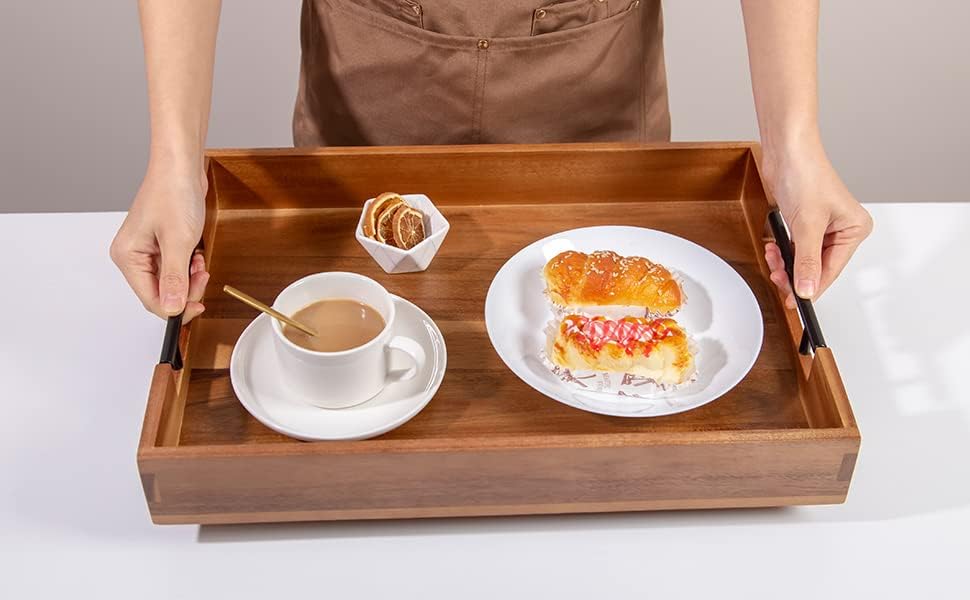 Extra-Large Wooden Tray Set of 2, (20.1'' + 18.1'') Serving Tray with Metal Handles, Rectangle Rustic Serving Trays for Breakfast, Used in Kitchen Counter, Coffee Table, Bedroom, Living Room