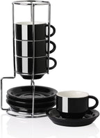 Sweejar Porcelain Espresso Cups with Saucers, 2.5 Ounce Stackable Cappuccino Cups with Metal Stand for Coffee Drinks, Latte, Tea - Set of 4 (Black)