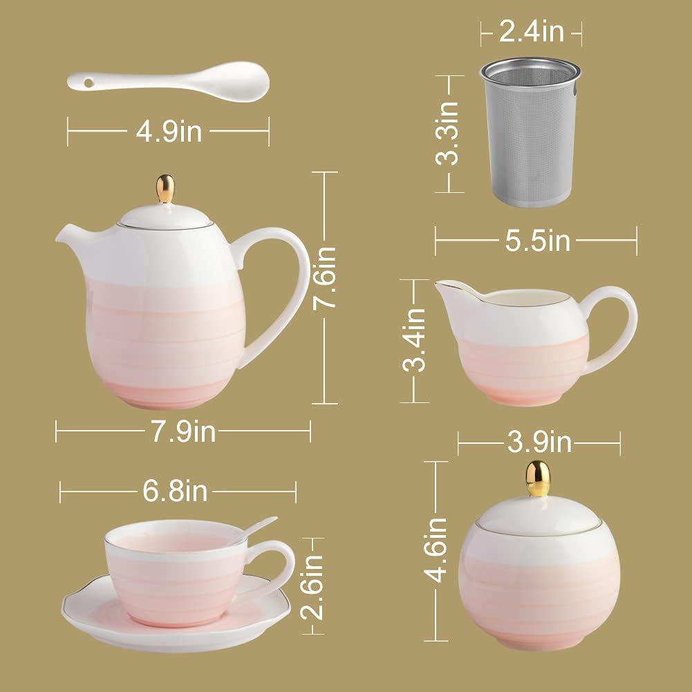 Sweejar Porcelain Tea Sets, 8 OZ Cups & Saucer Service for 4, Teapot Sugar Bowl Cream Pitcher Teaspoons and Tea Strainer for Adult Tea Coffee Afternoon Party (Pink)