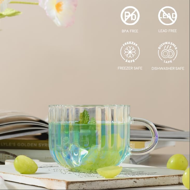 4pcs Vintage Iridescent Glass Coffee Mugs-Seamless Design, 15 Oz Ribbed Glass Mugs with Handle, Lead-Free Coffee Cups for Latte, Cereal, Yogurt, Hot/Cold Beverage, Coffee Lovers Gifts