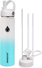SENDESTAR Stainless Steel Wide Mouth Water Bottle 24oz Double Wall Vacuum Insulated Leak Proof Bottle with New Flex Straw Lid & Spout Lid