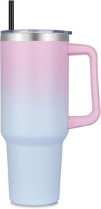 DOMICARE 40 oz Tumbler with Handle and Straw, Stainless Steel Tumbler with Lid and Straw, Reusable Vacuum Insulated Cup, Travel Coffee Mug, Dreamy Pink Blue, 1Pack