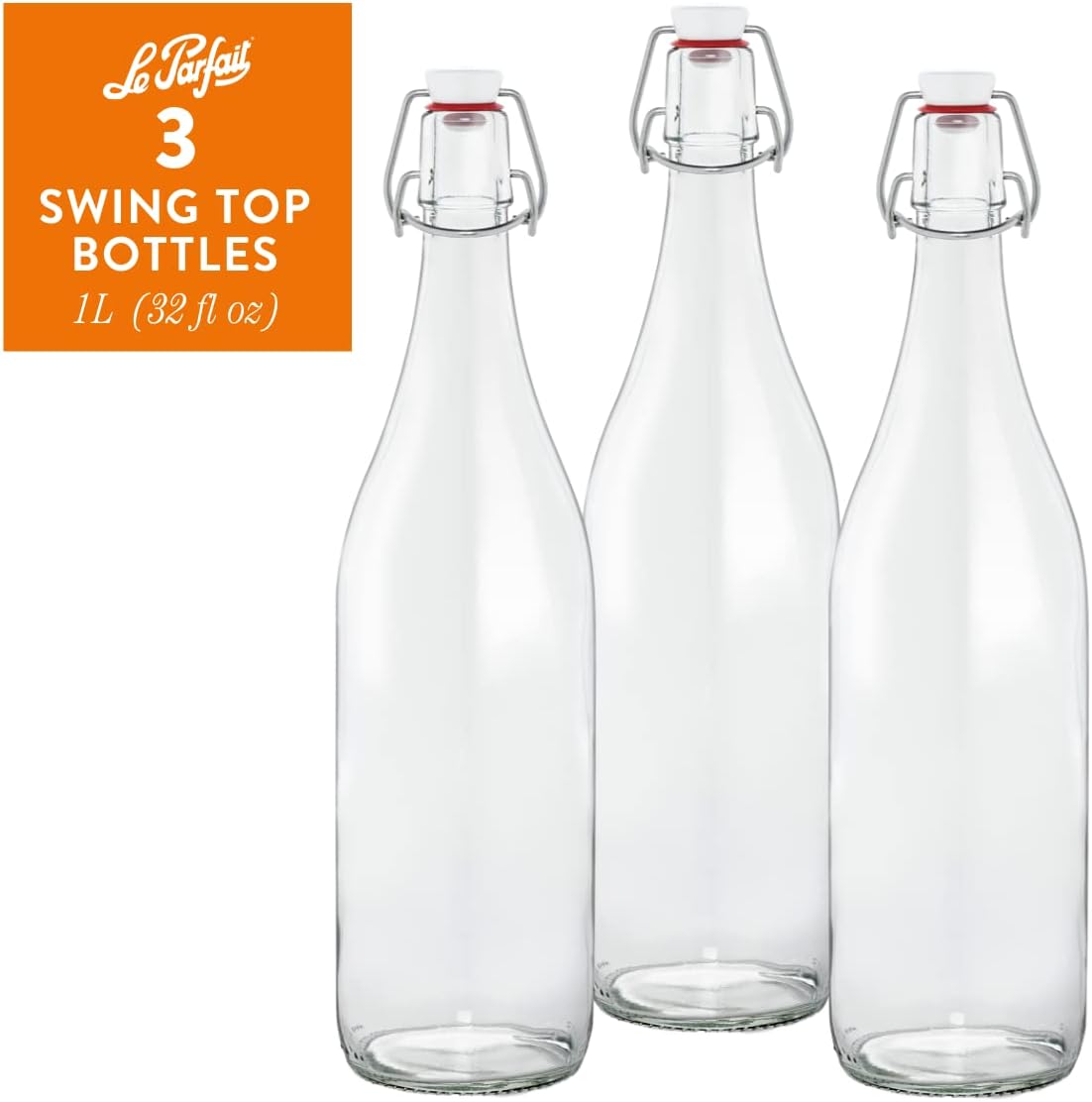 Le Parfait Pitchers | 32oz (Pack of 3) 1 Liter Glass Swing Top Milk Pitcher with Printed Logo & Airtight Swing Stopper | Glass Pitcher for Drinks, Smoothie, Preserving Juices & Salad Dressing