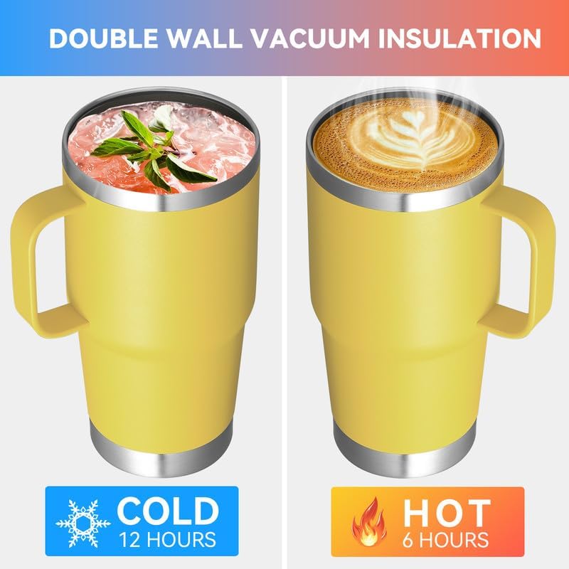 VEGOND 20 oz Tumbler Bulk with Handle Lid and Straw, Stainless Steel Insulated Travel Coffee Mug Set, Spill Proof Double Wall Metal Tumblers Cups, Powder Yellow 12 Pack