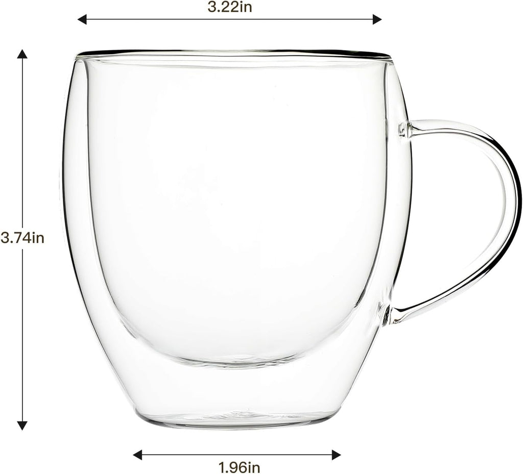 Aurzen 2 Pack Double Walled Glass Coffee Mugs with Handles 8.5oz, Large Insulated Layer Coffee Cups, Clear Borosilicate Mugs, Perfect for Cappuccino, Tea, Microwave Safe (8.5oz-2Pack)
