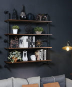 Industrial Pipe Wall Shelves Pipe Shelving with Real Wood Plank,48 Inches Floating Shelves for Wall Farmhouse Pipe Book Shelves Dark Brown 4 Tier for Kitchen,Living Room Decor and Bar Shelving