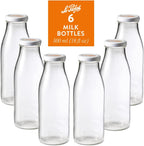 Le Parfait Bottles French Glass Milk Bottle with 48mm Printed Logo Airtight Metal Twist Cap | Used for Smoothie, Water Bottle, Preserved Tomato Sauce & other Soups | 16oz (Pack of 6) 500ml