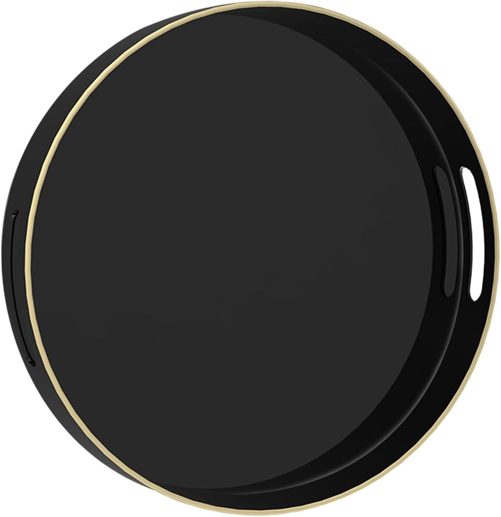 MAONAME Black Decorative Tray for Coffee Table, Modern Round Serving Tray with Handles, 13" Plastic Tea Trays for Ottoman, Bathroom Decor