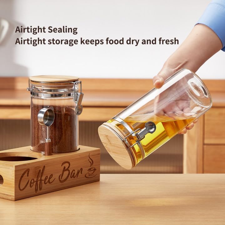 Coffee Canister Set with Shelf, 2 x 50oz Coffee Bean Canister Storage Station Organizer with Airtight Lid for Kitchen, Food Storage with Scoop for Ground, Sugar, Cereal and Tea