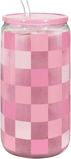 Checker 16 Oz Can Glass Tumbler with Acrylic Lid and Straw - Iced Coffee Cups for Women, Aesthetic Glass Cup Gift for Birthday Christmas