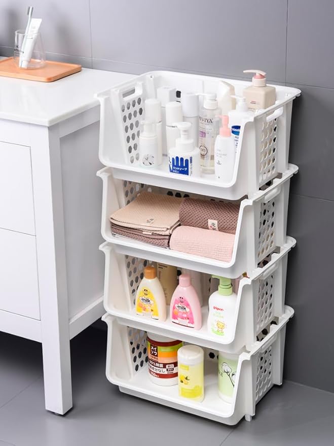 TidyFriend Large Stackable Storage Bins for Pantry - 4 Pack, Stackable Bins For Organizing Food, Kitchen, and Bathroom Essentials (White)