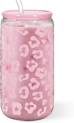 SANDJEST Leopard Glass Bottle, Pink Leopard Print Glass Cup with Lid & Straw, Iced Coffee Aesthetic Glass Can, Gifts for Women, Christmas Birthday Mother's Day