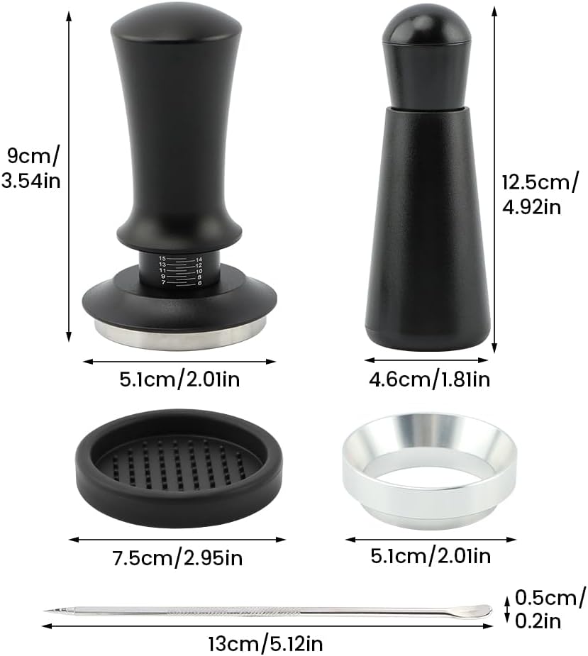 51mm Espresso Accessories Kit:Spring Loaded Calibrated Tamper,WDT Tool Espresso,Magnetic Dosing Funnel,Distribution Needle,Latte Art Pin,Fits Espresso Coffee Machines