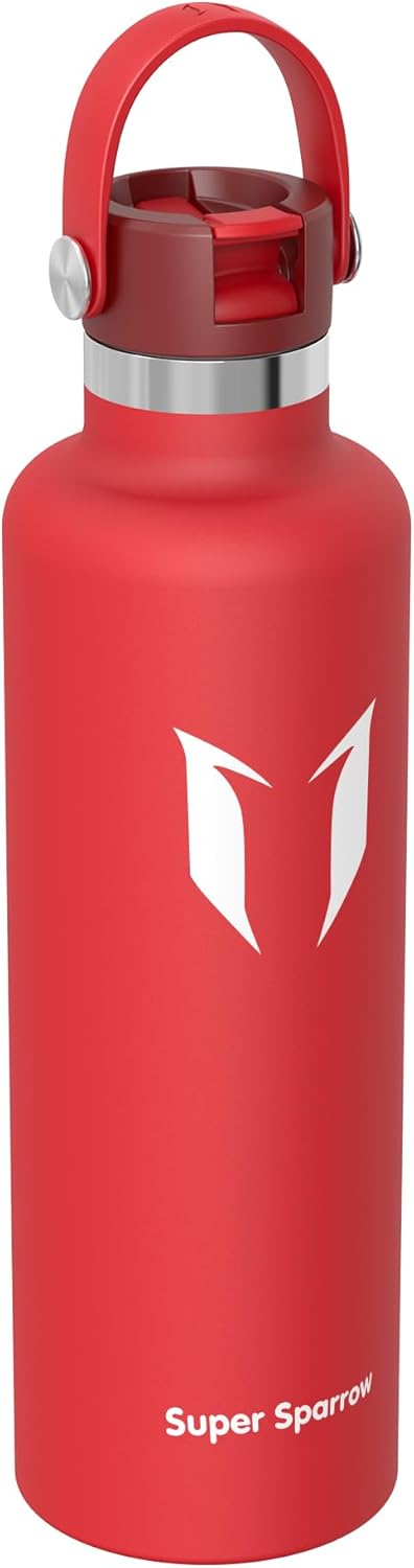 Super Sparrow Insulated Water Bottle - 17 Oz / 25 Oz / 32 Oz - Standard Mouth FlipFlow Flask - BPA Free, Leak Proof Drink Bottle- Ergonomic Straw Water Bottles for Work, Gym, Travel, Sports