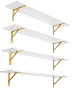 DINZI LVJ Long Wall Shelves, Set of 4, 47.3" Wall Mounted Shelves, Large Floating Shelves for Storage with Metal Brackets, for Living Room, Bathroom, Bedroom, Kitchen, White and Gold