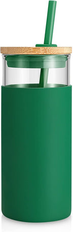 Tronco 20 oz Glass Tumbler with Lid and Straw, Reusable Iced Coffee Cup with Silicone Sleeve & Bamboo Lid, Smoothie Cup for Home,Office, for Father Men Day Gift from Wife Daughter Son (Blackish Green)