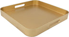 Square Gold Decorative Serving Tray with Handles, Versatile Ottoman Tray for Coffee Table, Entertaining, Outdoor Patio, Living Room, 13”*13”*1.6”
