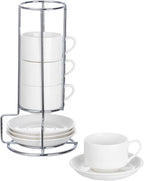 2.5 Ounce Porcelain Espresso Cups with Saucers and Silver Stand, White Stackable Cups Set of 4